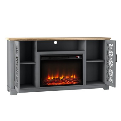 Gray Farmhouse TV Stand with Electric Fireplace and Cabinet