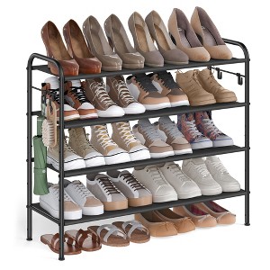 SONGMICS Shoe Rack, 4 Tier Shoe Organizer, Fabric Shoe Shelf Storage with 4 Hooks, Height-Adjustable Shoe Rack, Ink Black - 1 of 4