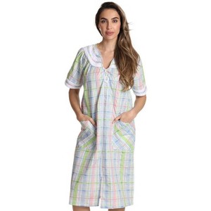Dreamcrest Womens Short Sleeve Duster, Seersucker Plaid Housecoat/Women Sleepwear Zip Front Nightgown - 1 of 4