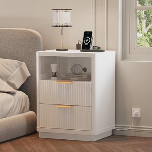 Fluted Farmhouse Night Stand, Fluted Nightstand with Charging Station, Fluted Nightstand with Drawer, Modern Mid Century Bedside Table w/Metal Handle - 1 of 4