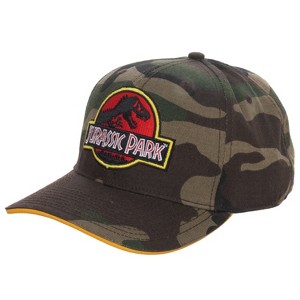 Jurassic Park Camo Dinosaur Pre-Curved Embroidered Logo Snapback Hat - 1 of 4