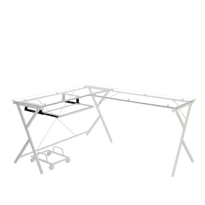 62" White Glass Top L-Shaped Computer Desk with Keyboard Tray