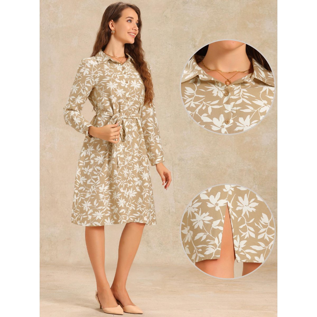 Женские платья INSPIRE CHIC Women's Floral Turndown Collar Long Sleeve Slit Tie Waist Shirt Dresses Khaki Medium — фото 2