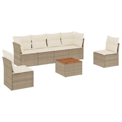 vidaXL 7 Piece Patio Sofa Set with Cushions Beige Poly Rattan - 4x middle + Table + 2x corner