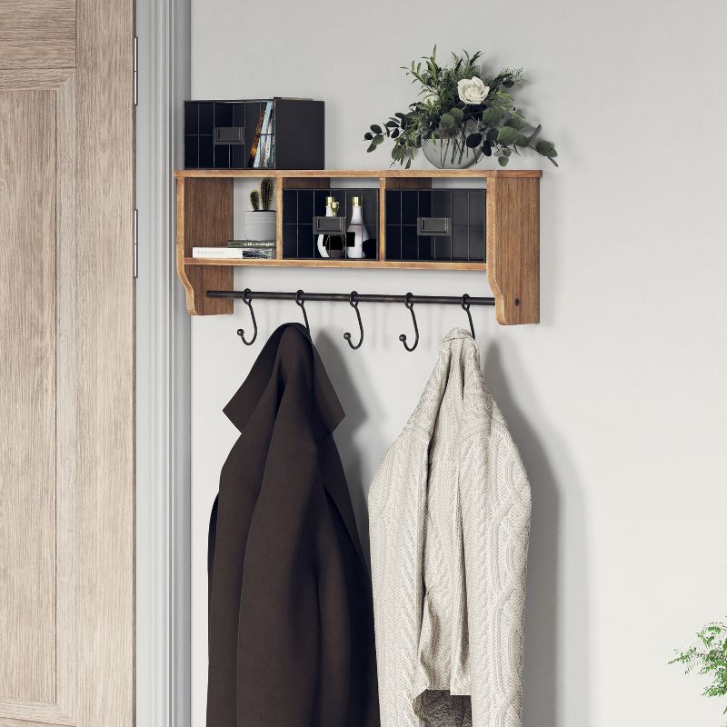 Emma and Oliver Rustic Country Wall Mounted Shelf with 5 Adjustable Sliding Hooks and Three Wire Storage Baskets, 3 of 10