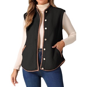 Allegra K Women's Fleece Contrast Color Button Down Sleeveless Fuzzy Jacket Vest with Pockets - 1 of 4
