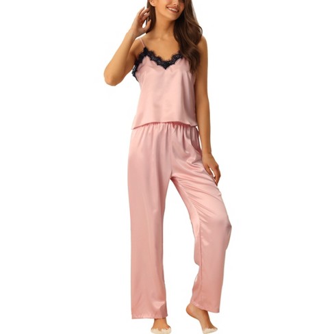 cheibear Womens Satin Lounge Lace Trim Cami Tops with Pants Sleepwear  Pajamas Sets Pink X Small