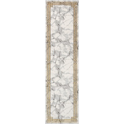 Well Woven Lezlee Grey Gold Retro Border Marble Area Rug