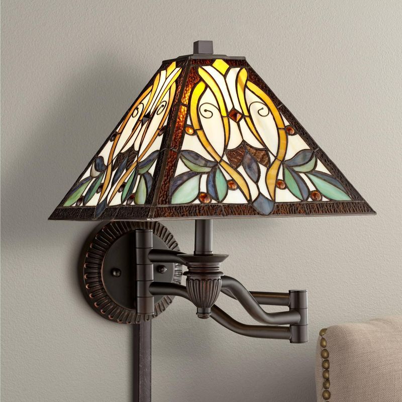 Robert Louis Tiffany Victorian Swing Arm Wall Lamp Bronze Plug-in Light Fixture Multi Colored Stained Glass for Bedroom Bedside Living Room Reading, 2 of 10