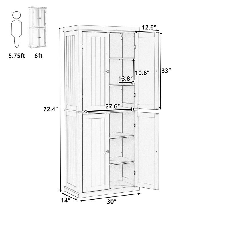 72.4" Minimalist Freestanding Kitchen Storage Cabinet Organizer, Kitchen Pantry with 4 Doors and Adjustable Shelves-ModernLuxe, 3 of 11