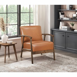 Brown Faux Leather Upholstered Accent Chair 1pc Seat Cushion Solid Rubberwood Frame Living Room Furniture - 1 of 4