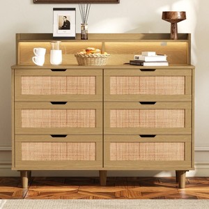 Resenkos Modern 6 Wide Drawer Long Dresser Chest of Drawers Wooden Dresser for Bedroom Brown - 1 of 4