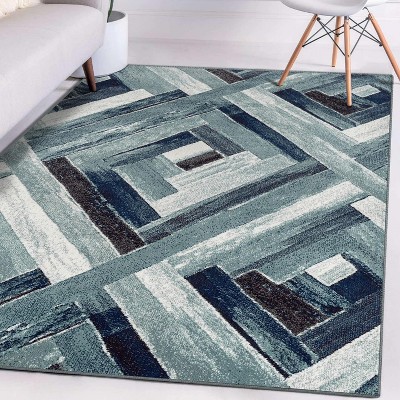 Modern Geometric Blue and Gray Synthetic Area Rug