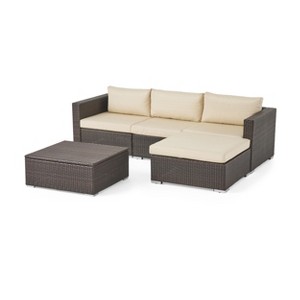 GDFStudio Avianna Outdoor Wicker 3 Seater Sofa Chat Set with Storage Coffee Table, Multibrown/Beige - 1 of 4