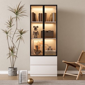 ATJafurn 23.6'' White China Cabinet Lighted Dining Cabinet Display Cabinet with Glass Doors and Drawers and LED Light for Living Room Dining Room - 1 of 4