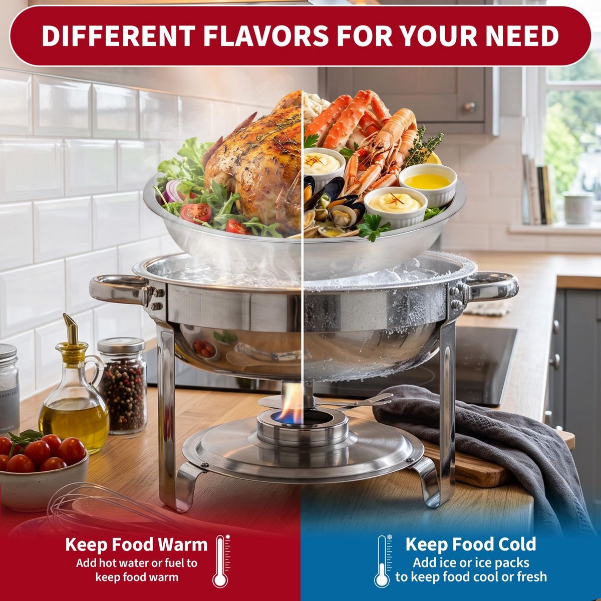 2-Pack Round Chafing Dish Buffet Set, Stackable Stainless Steel Food Warmer with Lid & Water Pan for Catering, Weddings, Parties, Hot & Cold - thumbnail 4