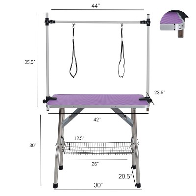 DOMETOUR 42'' Purple Folding Pet Grooming Table w/ Adjustable Arm, Clamps, Stainless Steel Frame & Rubber Mat for Dogs/Cats