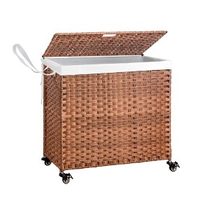 JANSNO PE Rattan Powder Coating Frame Laundry Hamper With Lid, 2 Removable Bags and Wheels, 160L Capacity - 1 of 4