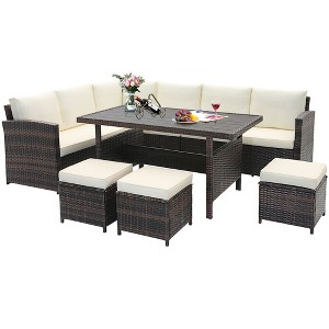 Tangkula 7PCS Wicker Patio Conversation Furniture Set Sectional Sofa Set w/ White Cushions - 1 of 4