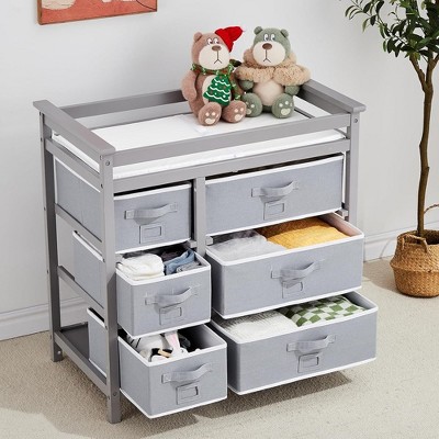 Image of Diaper Changing Table, Wooden Portable Baby Changing Station Dresser with 6 Storage Drawers, Pad, for Nurser, Baby, Newborn Infant, Gray