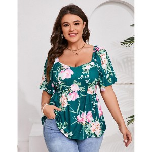 Womens Plus Size Sweetheart Neckline Printed Casual Summer Top Blouses - 1 of 4