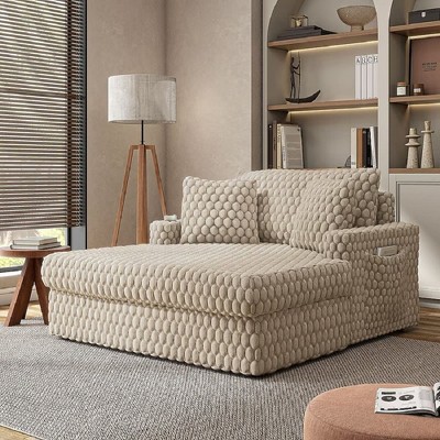 CLIHOME Chenille Chaise Lounge with Soft Cushion Back, Dual Track Arms and Built-in Cup Holders
