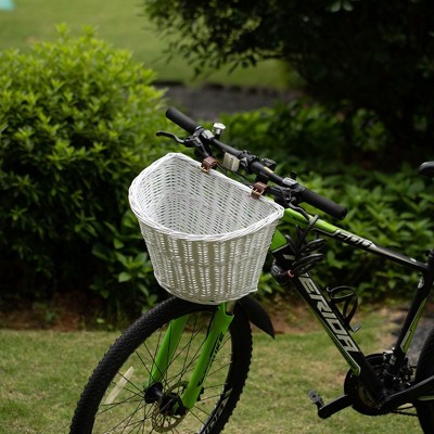White Wicker Front Cargo Bike Basket with Faux Leather Straps