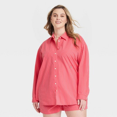 Women's Oversized Long Sleeve Collared Button-Down Shirt - Universal Thread™ Red Striped 1X