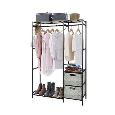 Lycvki Wood Garment Racks with Shelves and 2 Wicker Drawers and 4 Hooks