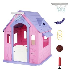 Kids Cottage Playhouse with Magnetic Dartboard, Basketball Hoop, Ring Toss & Soccer Goal – Indoor & Outdoor Playhouse - 1 of 4