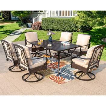 Captiva Designs 7pc Steel Outdoor Patio Dining Set with Swivel Chairs & Metal Table with Umbrella Hole Black