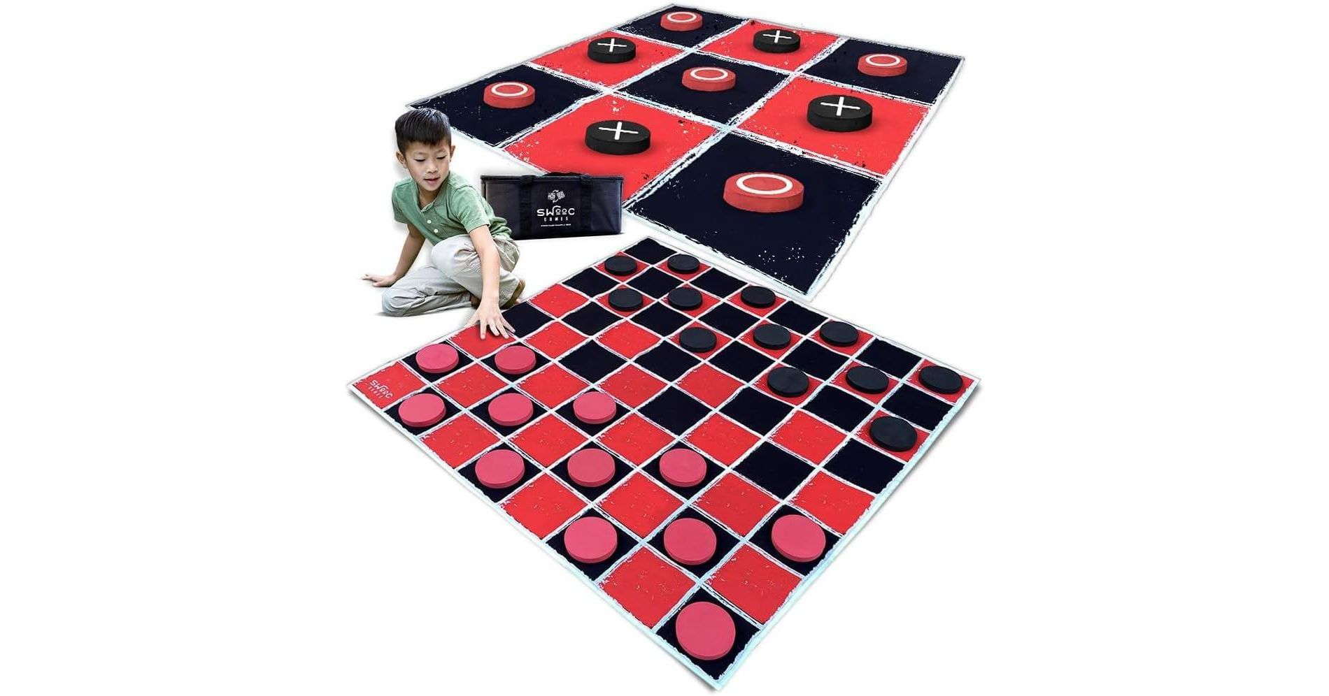 Swooc Games - 2-in-1 Vintage Giant Checkers & Tic Tac Toe Game With Mat (4ft x 4ft) - 100% Machine-Washable Canvas - Giant Outdoor Games For Kids