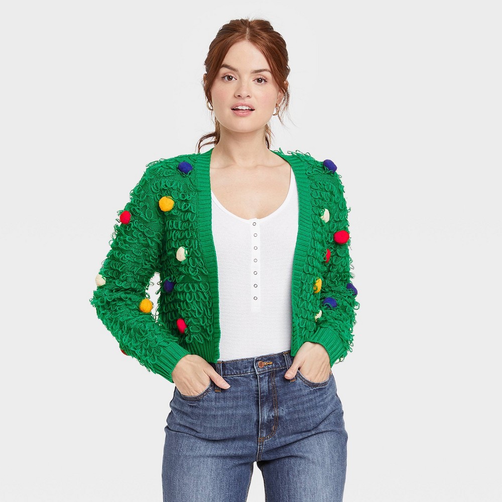 Women's Holiday Pom Pom Graphic Cardigan - Green XS