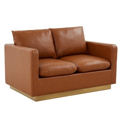 LeisureMod Nervo Mid-Century Modern Upholstered Faux Leather Loveseat with Gold Frame