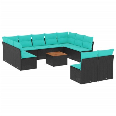 vidaXL 12 Piece Patio Sofa Set with Cushions Black Poly Rattan - Black and Blue