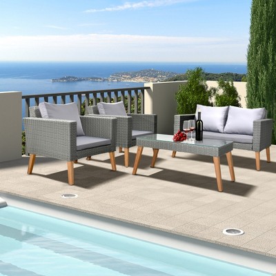 KTMBDW 4 Piece Outdoor Patio Furniture Set,Rattan and Acacia Wood Chairs Conversation Furniture Set for Backyard Balcony Deck with Soft Cushions&Table