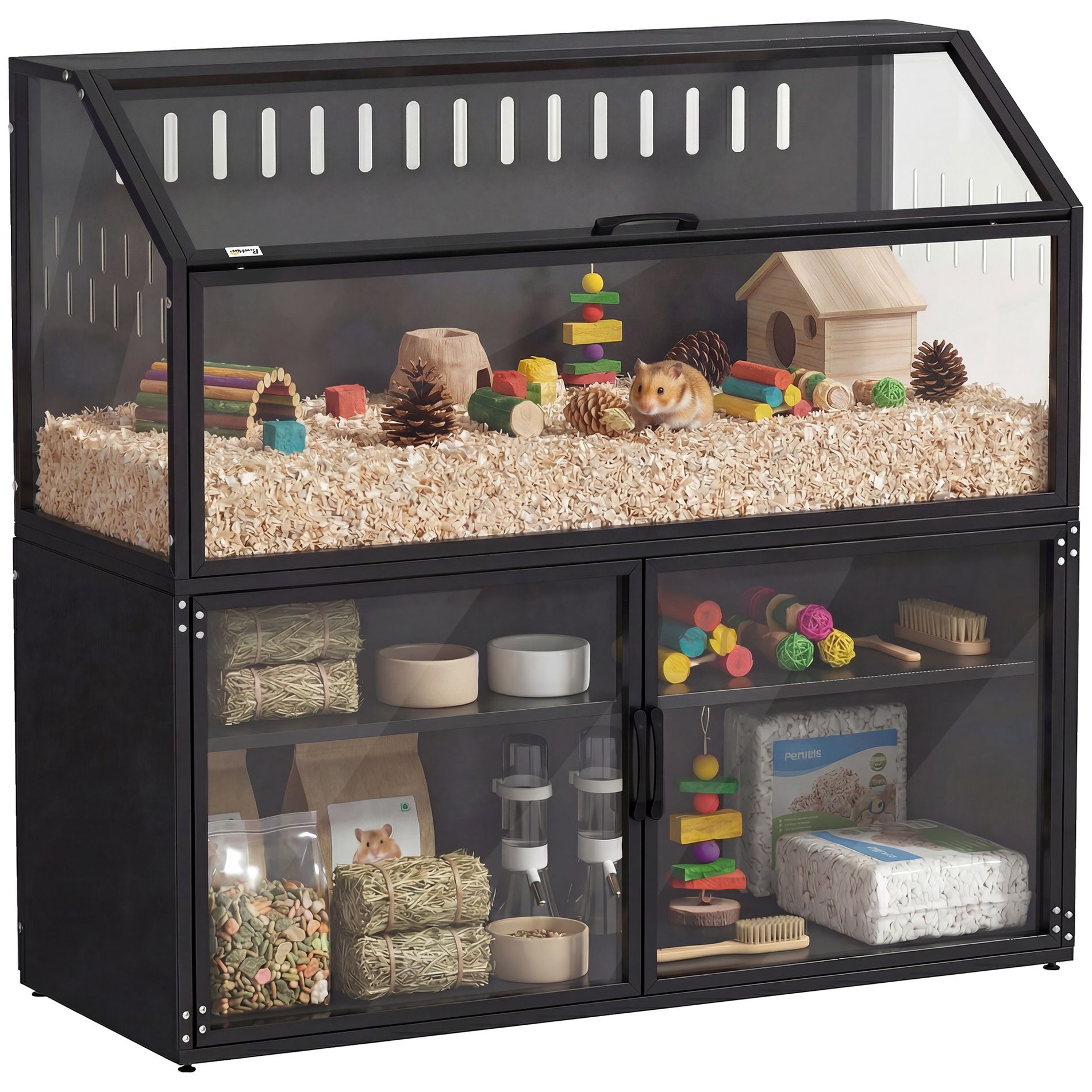 PawHut Hamster Cage with Storage Cabinet, Small Animal Cage with Easy View Acrylic Panels and Openable Top, Guinea Pig Habitat