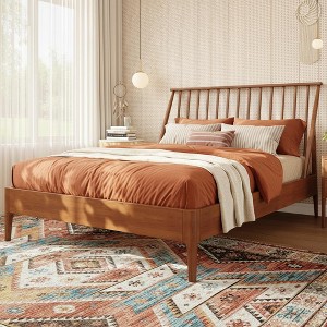 Polibi Boho Platform Bed Frame with Tall Slanted Headboard & Metal Support - 1 of 4