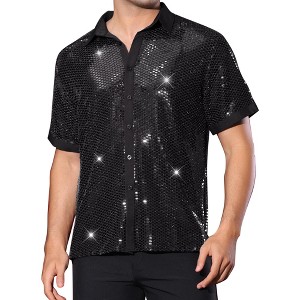 Lars Amadeus Men's Metallic Short Sleeves Summer Disco Party Sparkly Sequins Shirt - 1 of 4