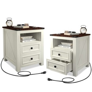 Dyonery Modern Wood End Table with Charging Station,Rustic 18 Inch Bedside Table with 2 Storage Drawers and Open Shelf,  for Bedroom,Living Room - 1 of 4