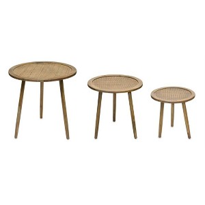 Rattan Wood Accent Table Set of 3 – Natural Frame Design – 24 Inch Height – For Boho Living Spaces – By Melrose - 1 of 3