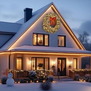 Artificial Christmas Wreath with Bow, Pre-Lit Winter Wreath with LED Light, Indoor Outdoor Holiday Xmas Decorations - 1 of 4