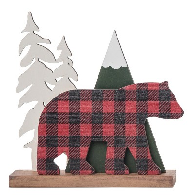 Transpac Wood 7.95 in. Multicolored Christmas Festive Cabin Tartan Bear with Mountains Decor