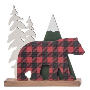 Transpac Wood 7.95 in. Multicolored Christmas Festive Cabin Tartan Bear with Mountains Decor - 1 of 2