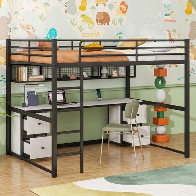 Whisen Full Size Metal Loft Bed with Desk, Drawers and Bedside Tray