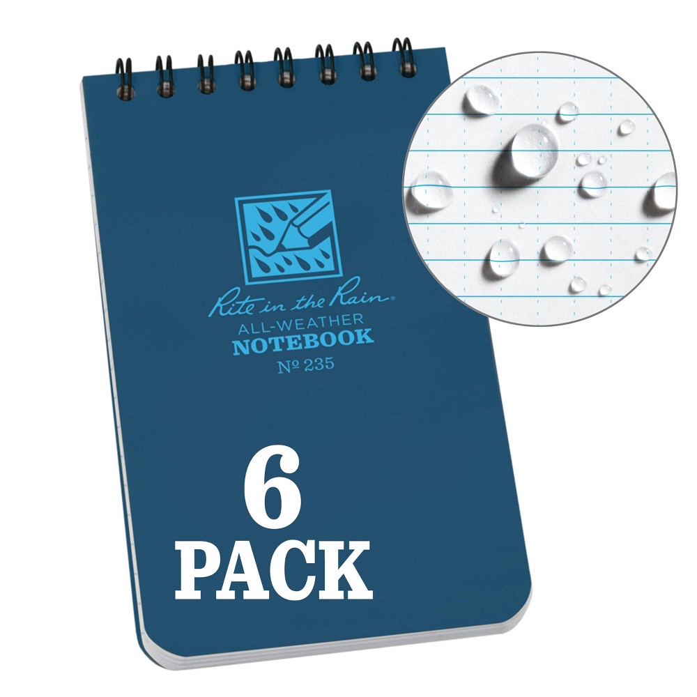 6pk Spiral Notebook 1 Subject Special Ruled 3" X 5" Blue Rite In The Rain