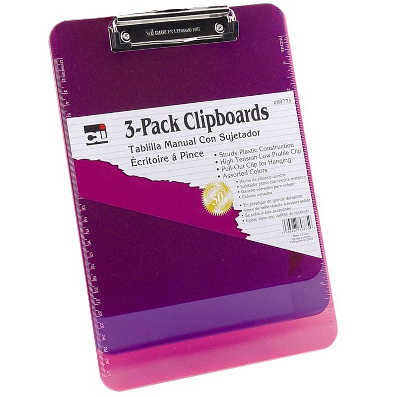 Charles Leonard Plastic Clipboard w/Low Profile Clip, Letter, Assorted Translucent Neon Colors, Pack of 3, 3 of 4