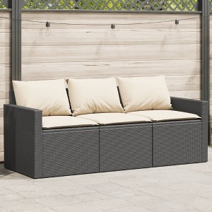 vidaXL Patio Sofa with Cushions 3-Seater Black Poly Rattan - 1 of 4