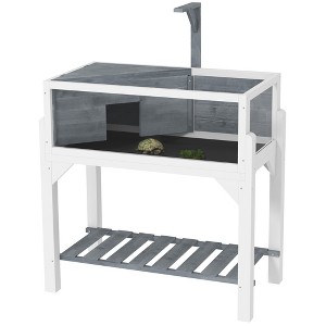 PawHut Tortoise Habitat, Wooden Tortoise Enclosure with Storage Shelf, Clear Windows, Lamp Holder, Openable Top, Built-in Tray, Gray - 1 of 4