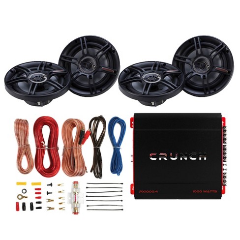 Crunch PX-1000.4 4 Channel 1000 Watt Amp A/B Class Car Stereo Power  Amplifier with 300 Watt 3 Way CS Speakers 2 Pack and Soundstorm AKS8 8  Wiring Kit